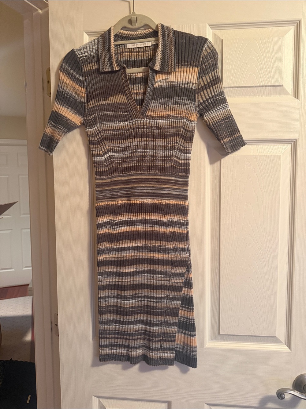 bishop + young Striped Rib-Knit Polo Midi Dress in Gray and Cream